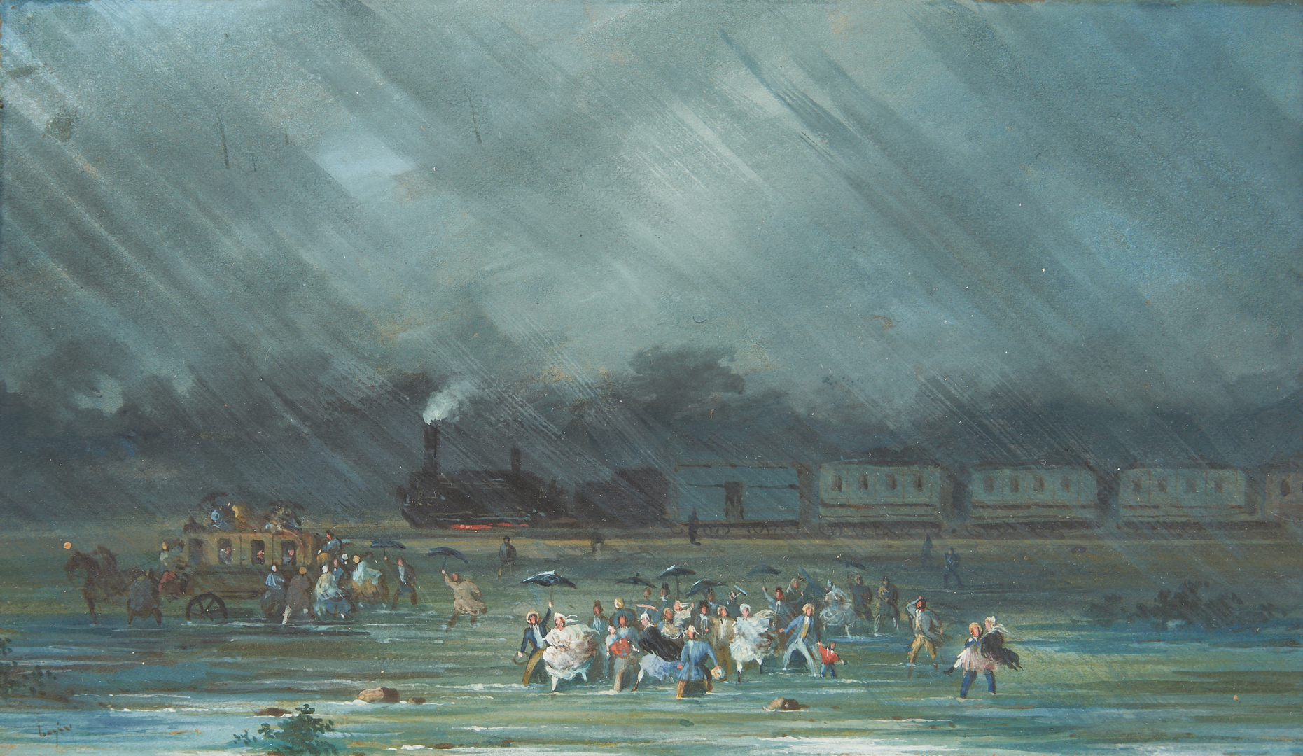 Lot 1014: Small Painting, Flood Scene with Train, illegibly signed