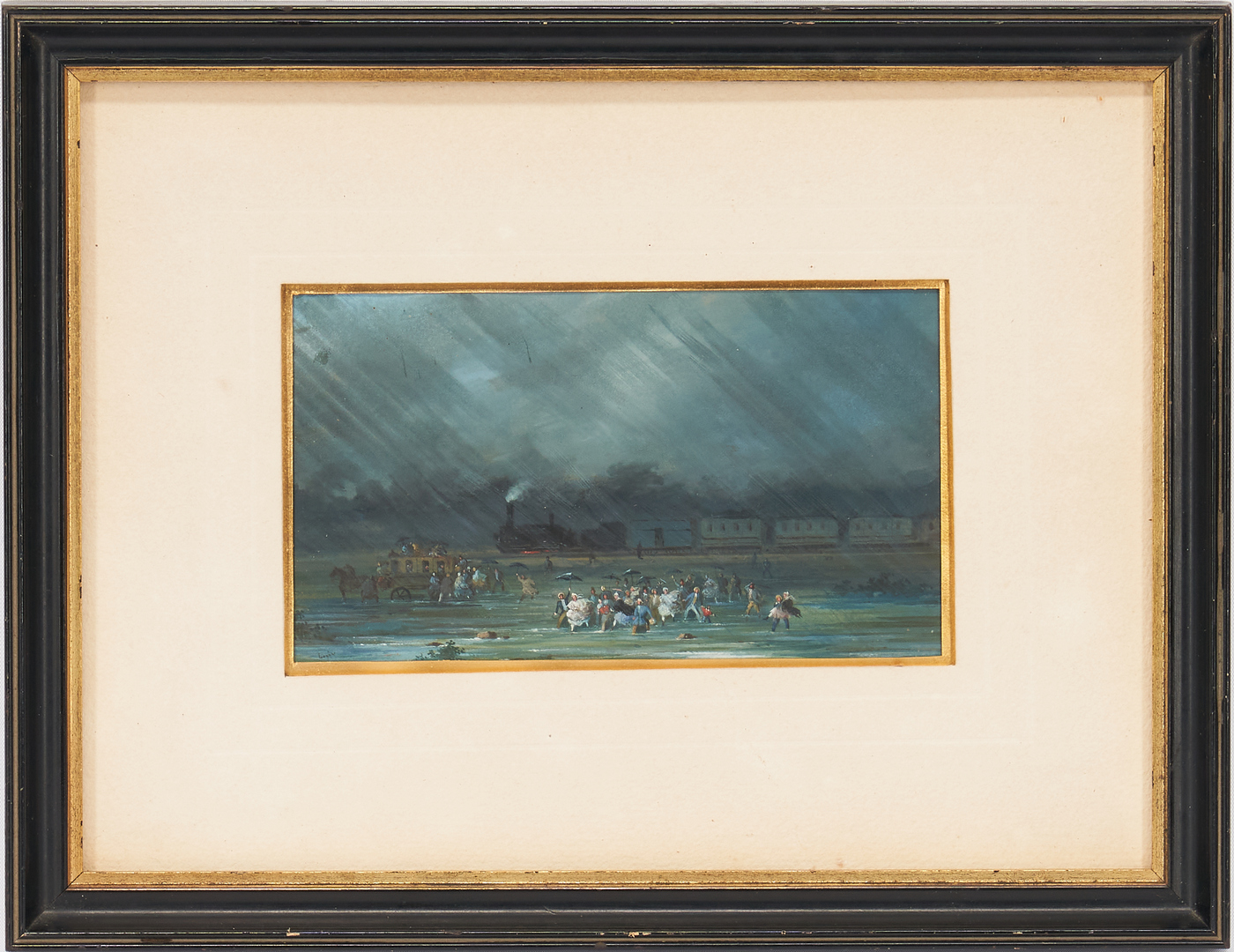 Lot 1014: Small Painting, Flood Scene with Train, illegibly signed