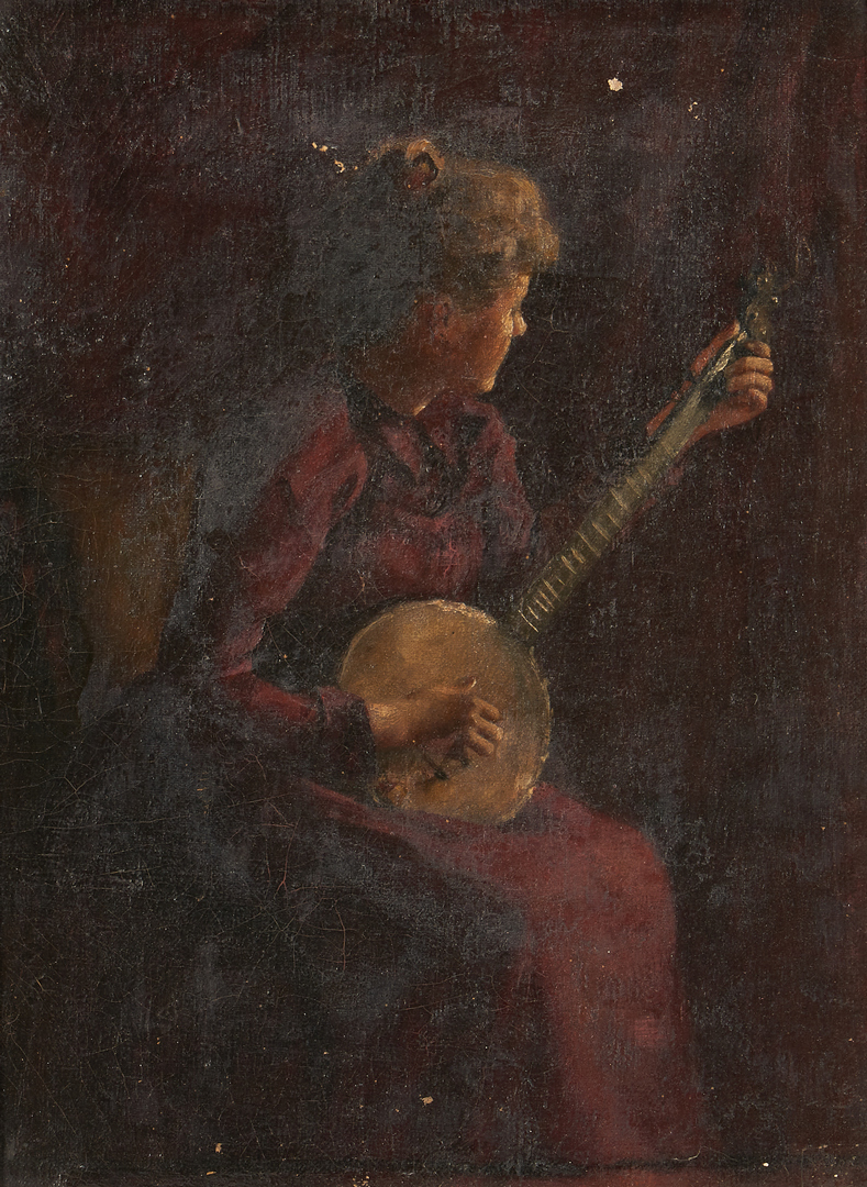 Lot 1015: American School O/C Painting, Woman w/ Banjo