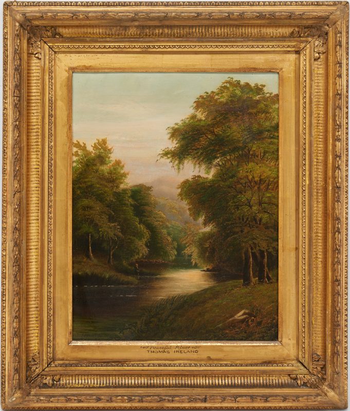 Lot 1028: English School O/C Landscape Painting, Peaceful River