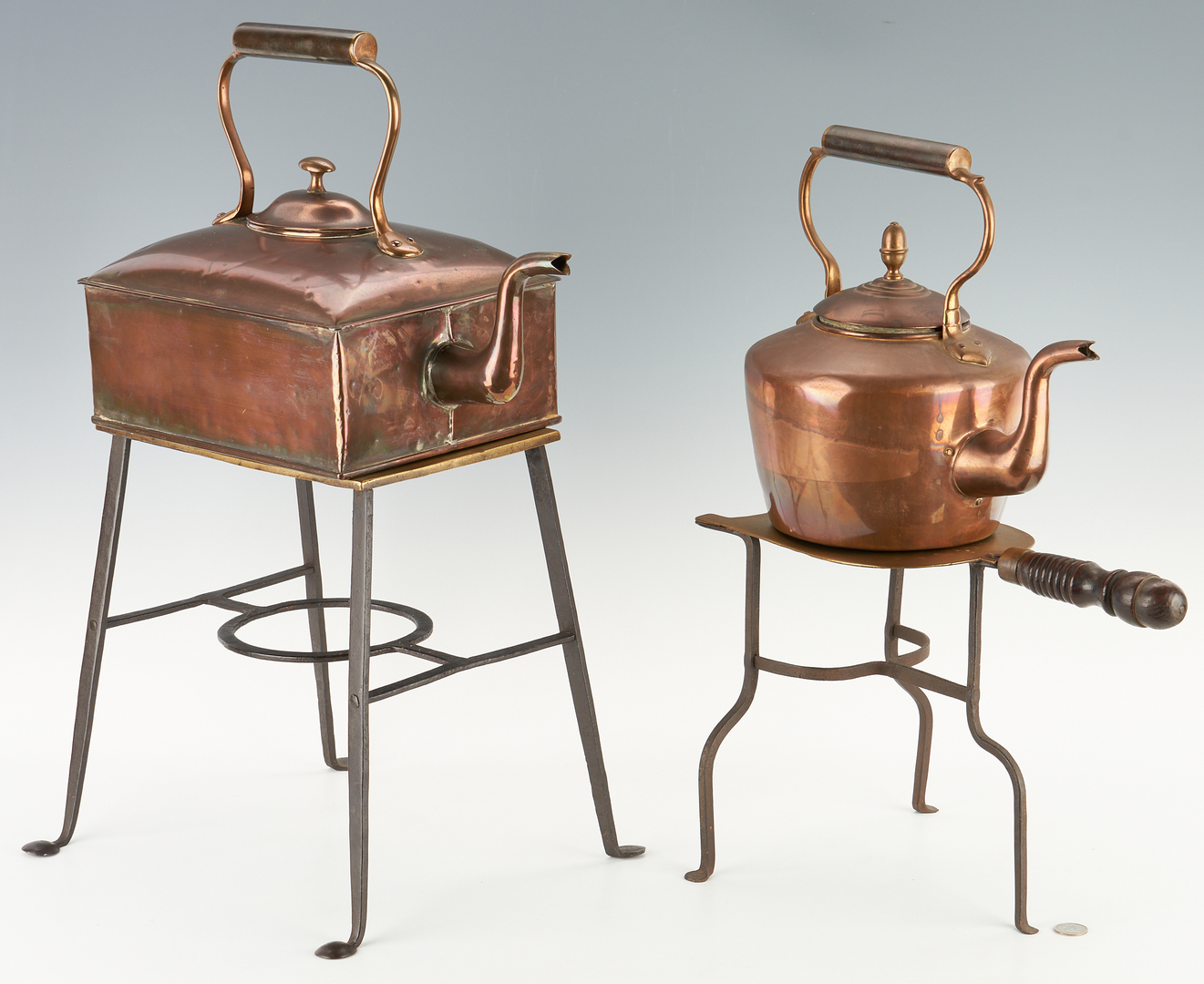 Lot 1046: 2 Copper Kettles & Stands, Charles K. Davis Collection
