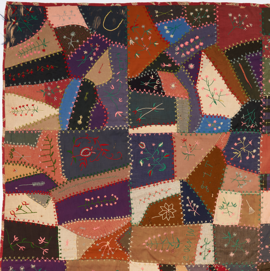 Lot 1052: Tennessee Embroidered Crazy Quilt, dated 1907