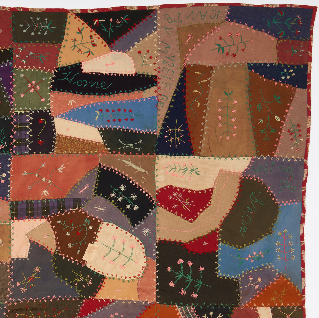 Lot 1052: Tennessee Embroidered Crazy Quilt, dated 1907