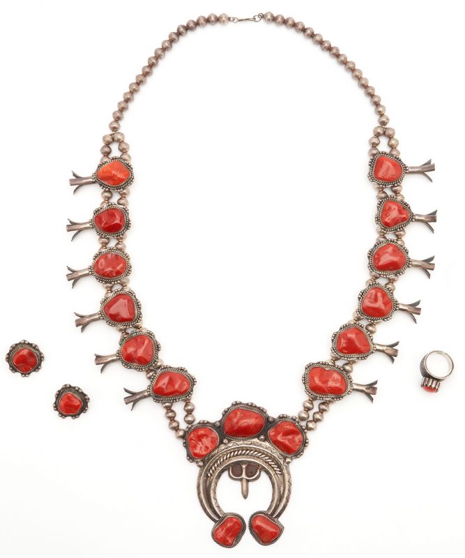 Lot 1086: Native American Coral Squash Blossom Jewelry Set, 4 items
