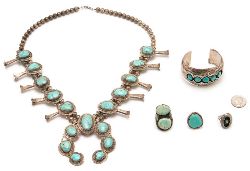 Lot 1088: 5 Navajo Turquoise & Silver Jewelry Items, incl. Etsitty & Benally