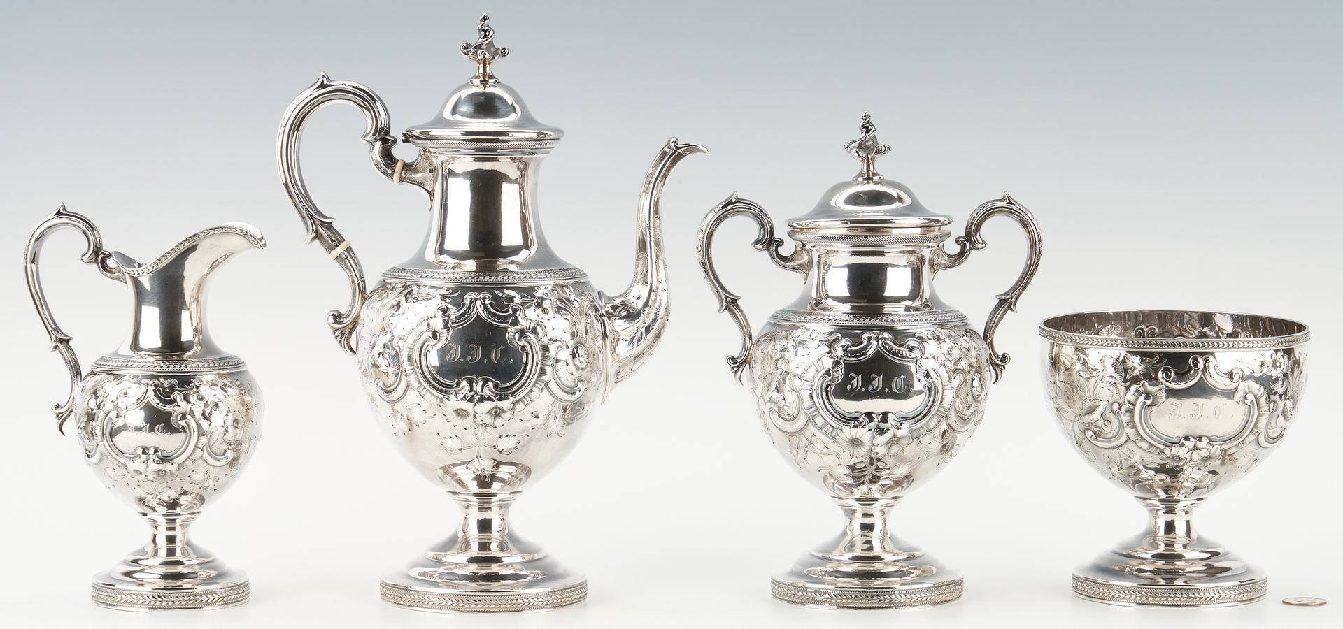 Lot 108: American Repousse Coin Silver Tea Service, NY