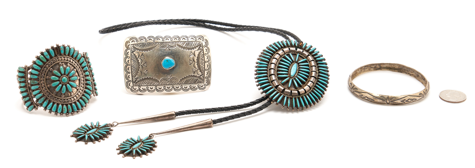 Lot 1093: 4 Native American Turquoise & Silver Jewelry Items, incl. Bolo Tie