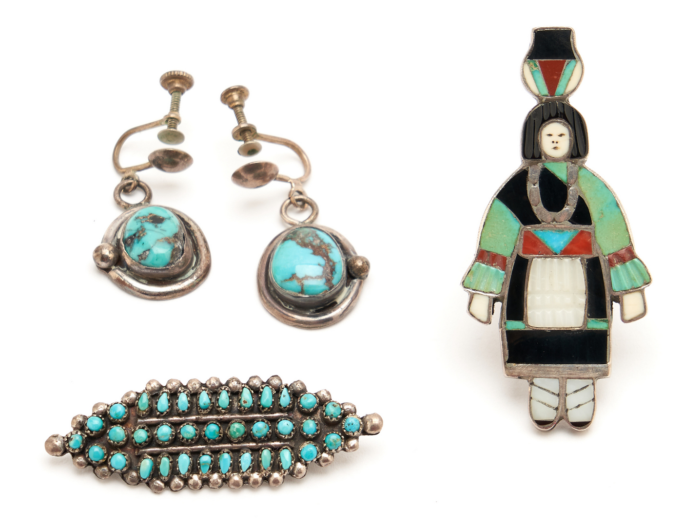 Lot 1096: 9 Native American Silver, Turquoise & Clay Jewelry Items