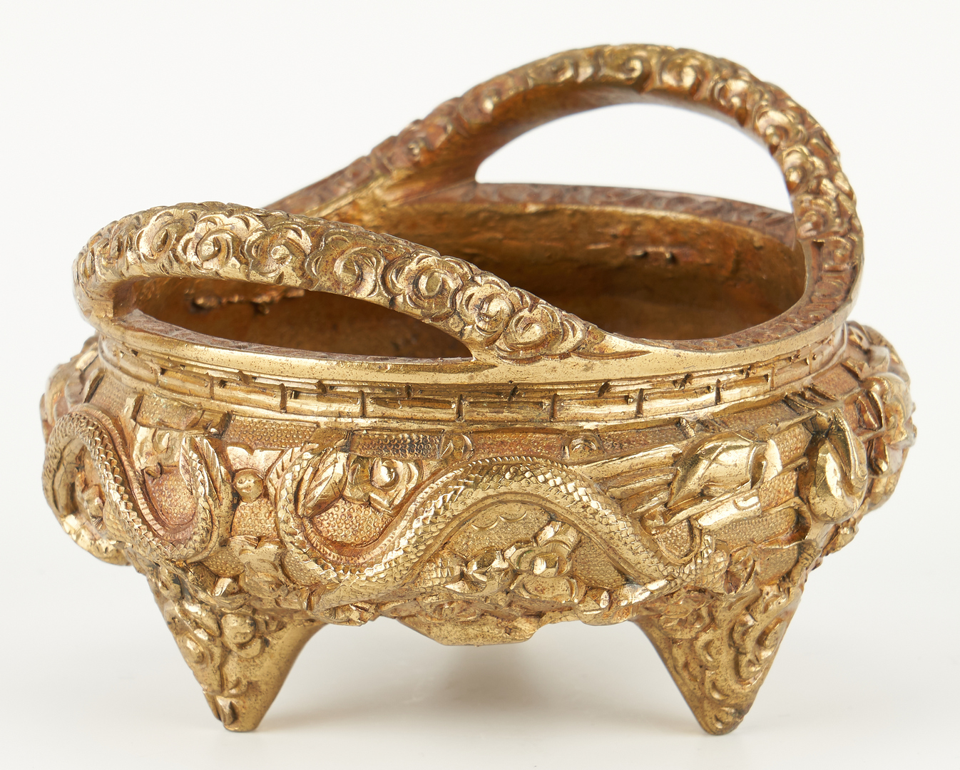 Lot 10: Chinese Gilt Bronze Censer with Dragon Relief Decoration