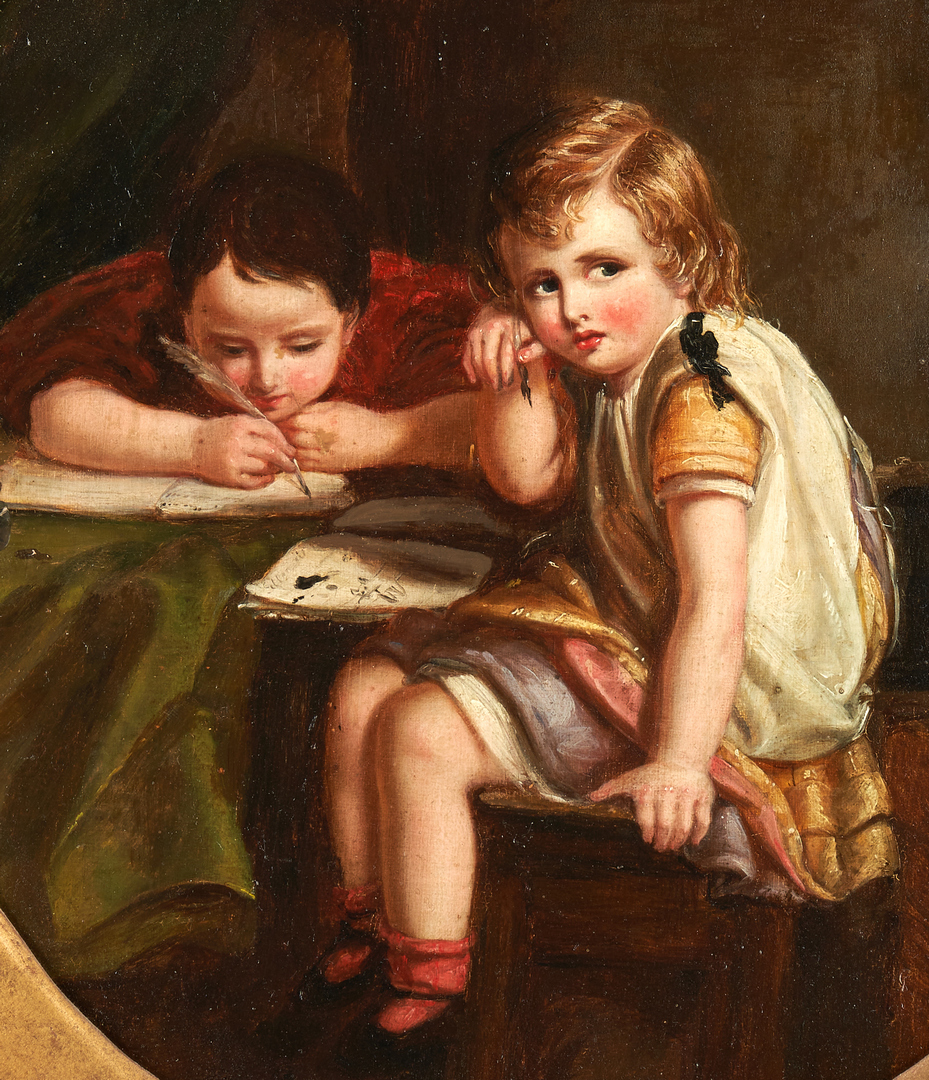Lot 1158: English School O/B Painting, Children Writing w/ Books