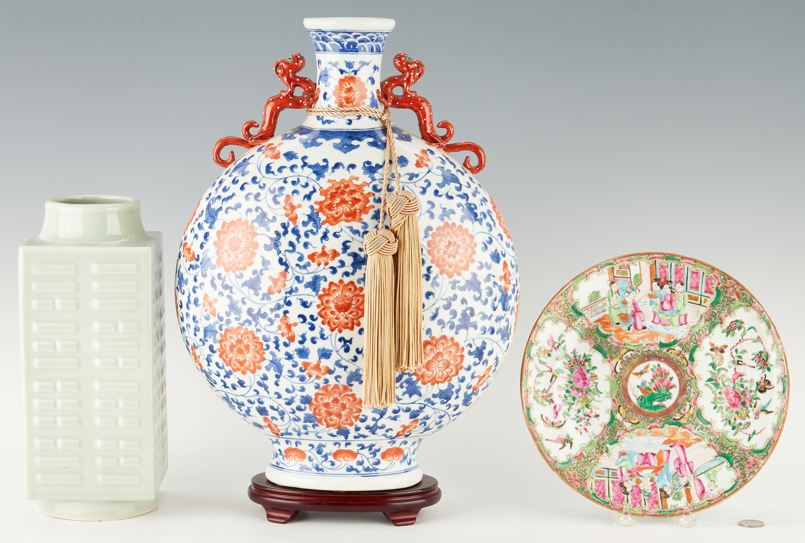 Lot 1176: Chinese Porcelain Moon Flask, Cong Vase, and Rose Medallion Plate