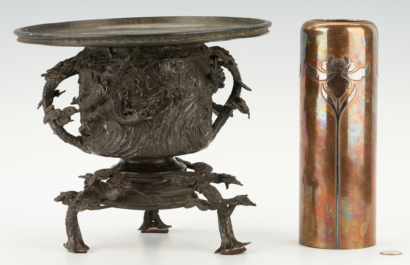 Lot 1191: 3 Decorative Items, incl. Bronze Vases, Asian Silk Fans