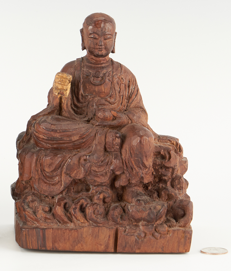 Lot 1194: 2 Asian Carved Wood Figures, Guanyin & Buddha