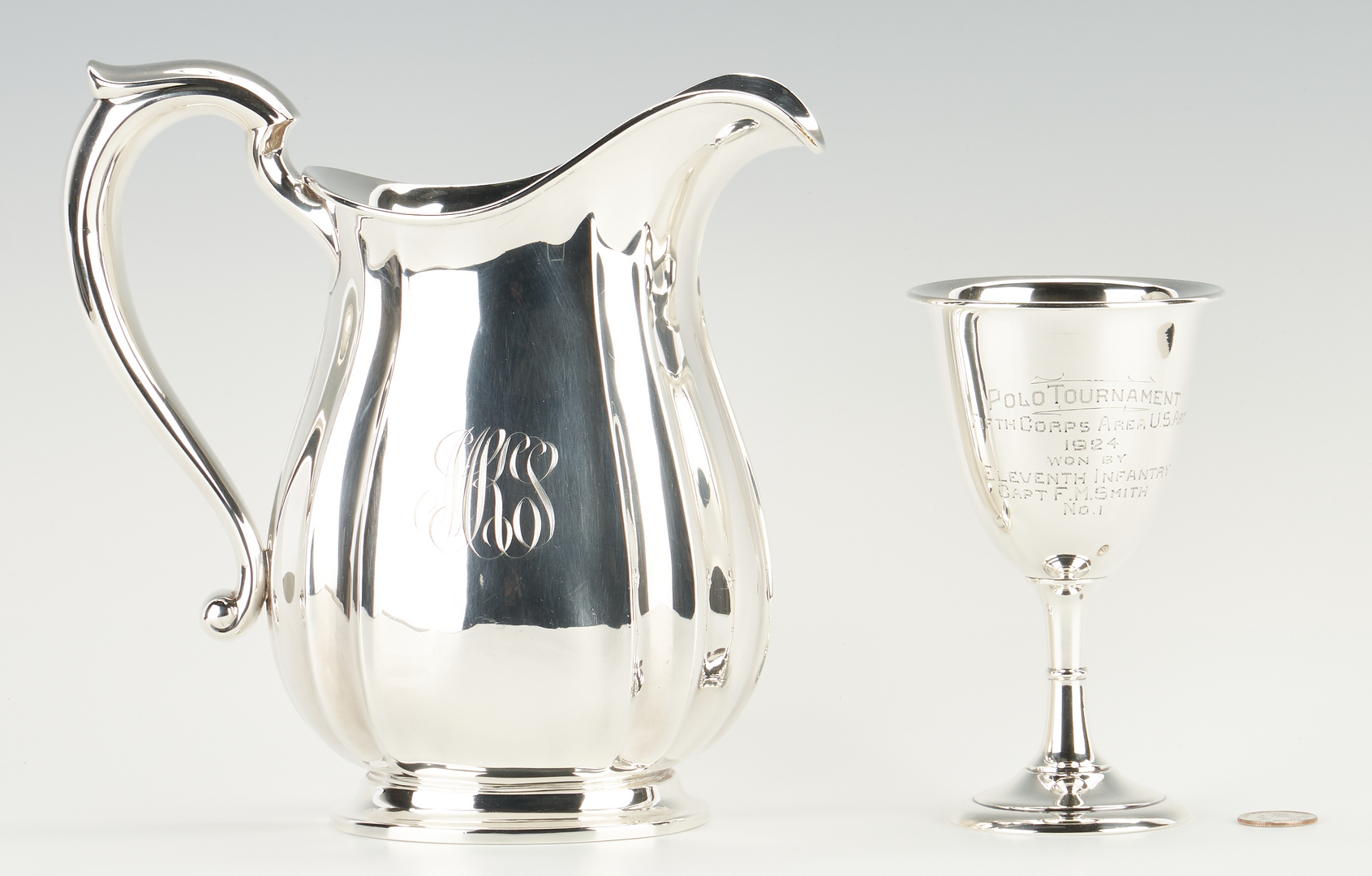 Lot 1228: Sterling Silver Water Pitcher & Polo Tournament Presentation Goblet, 2 items