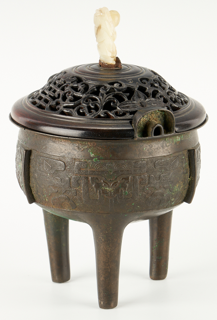 Lot 12: Chinese Bronze Censer with White Jade Finial