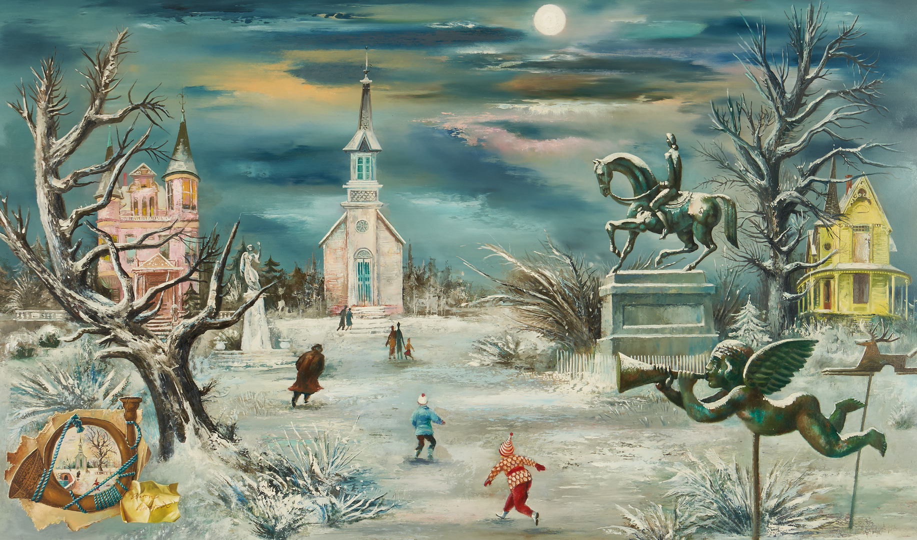 Lot 149: Aaron Bohrod O/B Painting, Winter Landscape by Moonlight