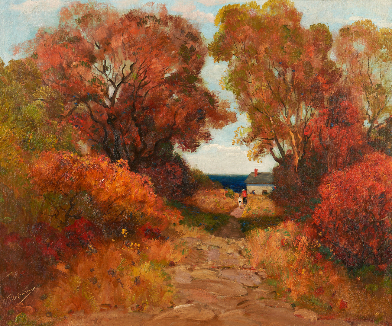 Lot 151: Anthony Thieme O/C Landscape Painting, Figures on a Country Road