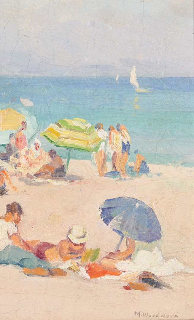 Lot 152: Mabel Woodward O/B Painting, Umbrellas on the Beach