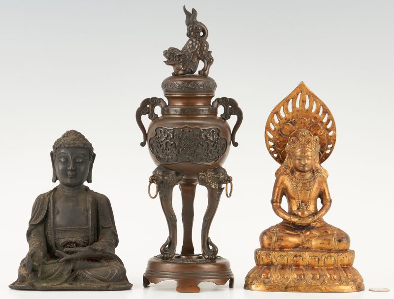 Lot 16: 3 Asian Bronze Items, Buddhas & Censer