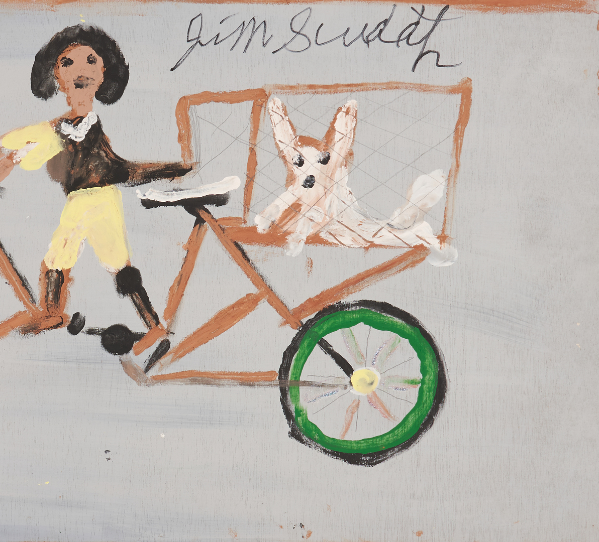 Lot 173: J. L. Sudduth Folk Art Painting, Girl on Bicycle w/ Dog