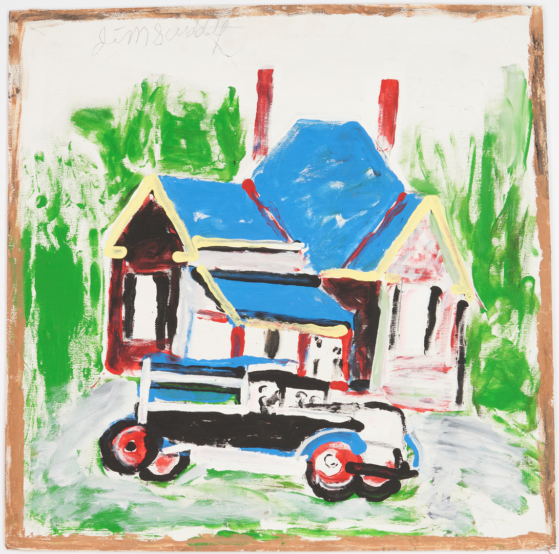 Lot 174: 2 J. Sudduth Folk Art Paintings, Cabin & House w/ Truck