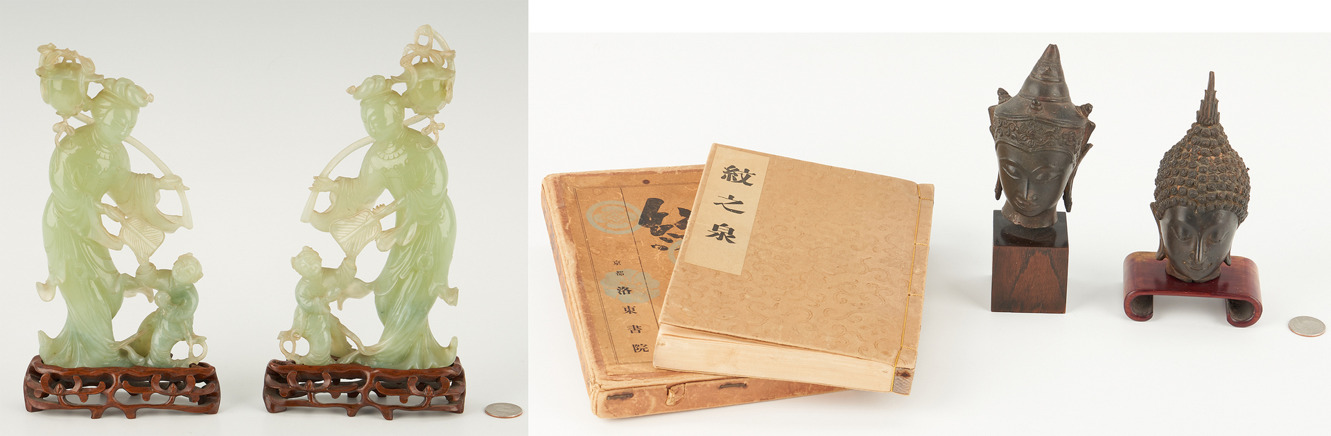 Lot 17: 5 Asian Decorative Items, incl. Chinese Green Jade Scholars w/ Original Box