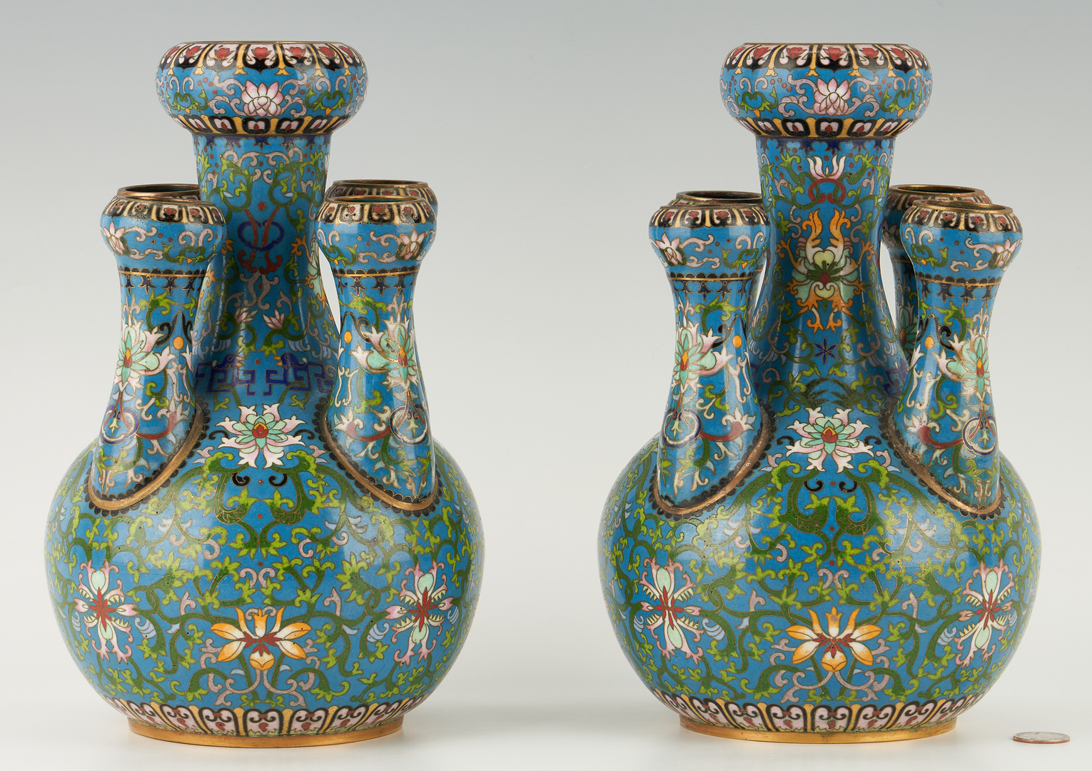 Lot 18: Pair Chinese Cloisonne Garlic Bulb "Candelabra" Vases