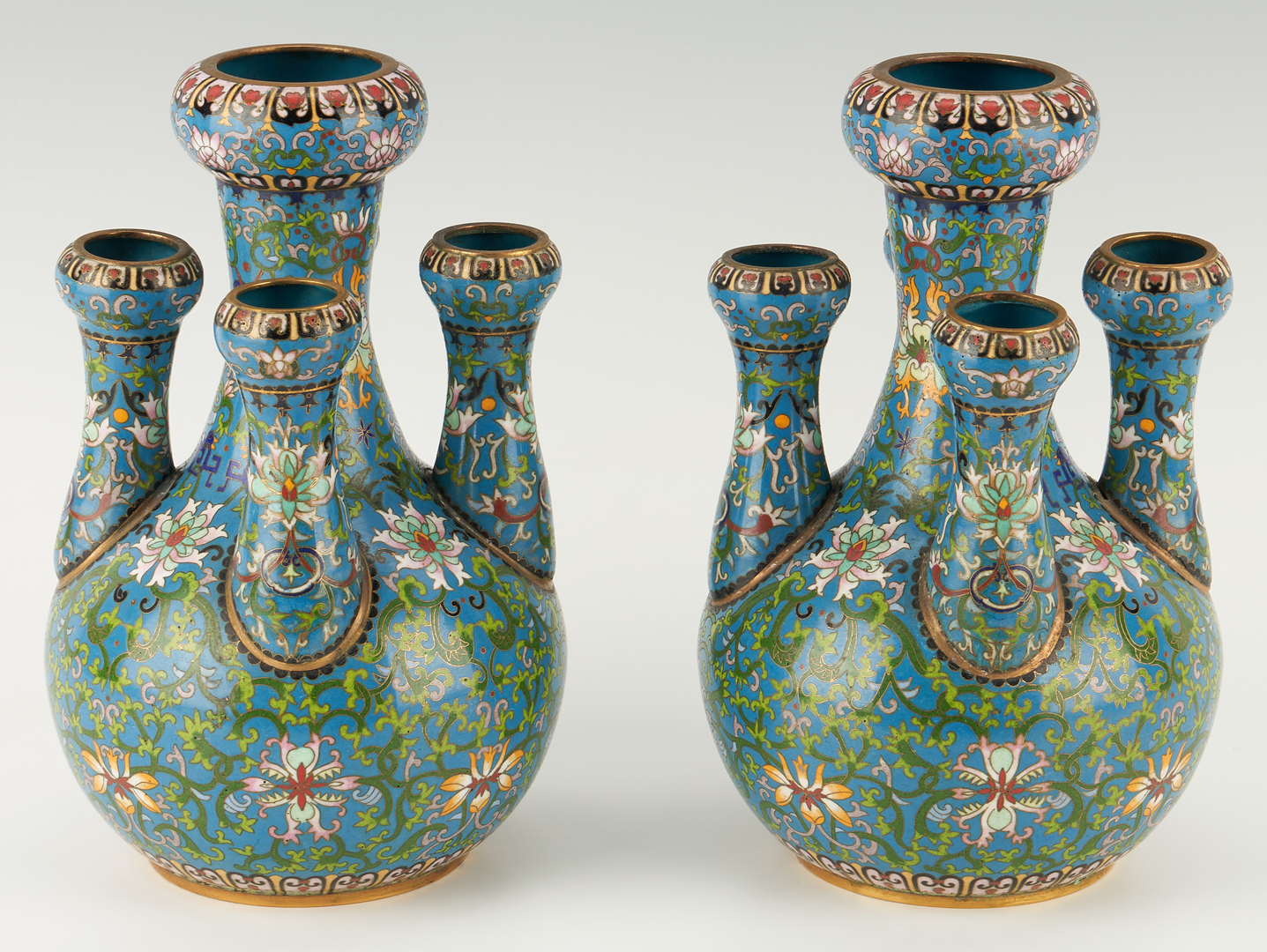 Lot 18: Pair Chinese Cloisonne Garlic Bulb "Candelabra" Vases