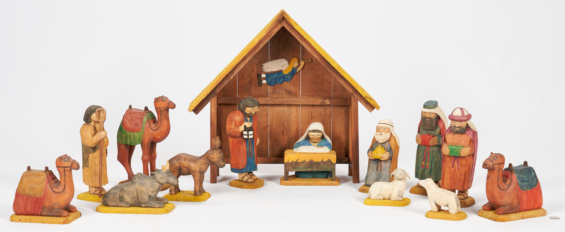 Lot 216: Roy Pace Carved & Painted Nativity Set, 14 Pcs.