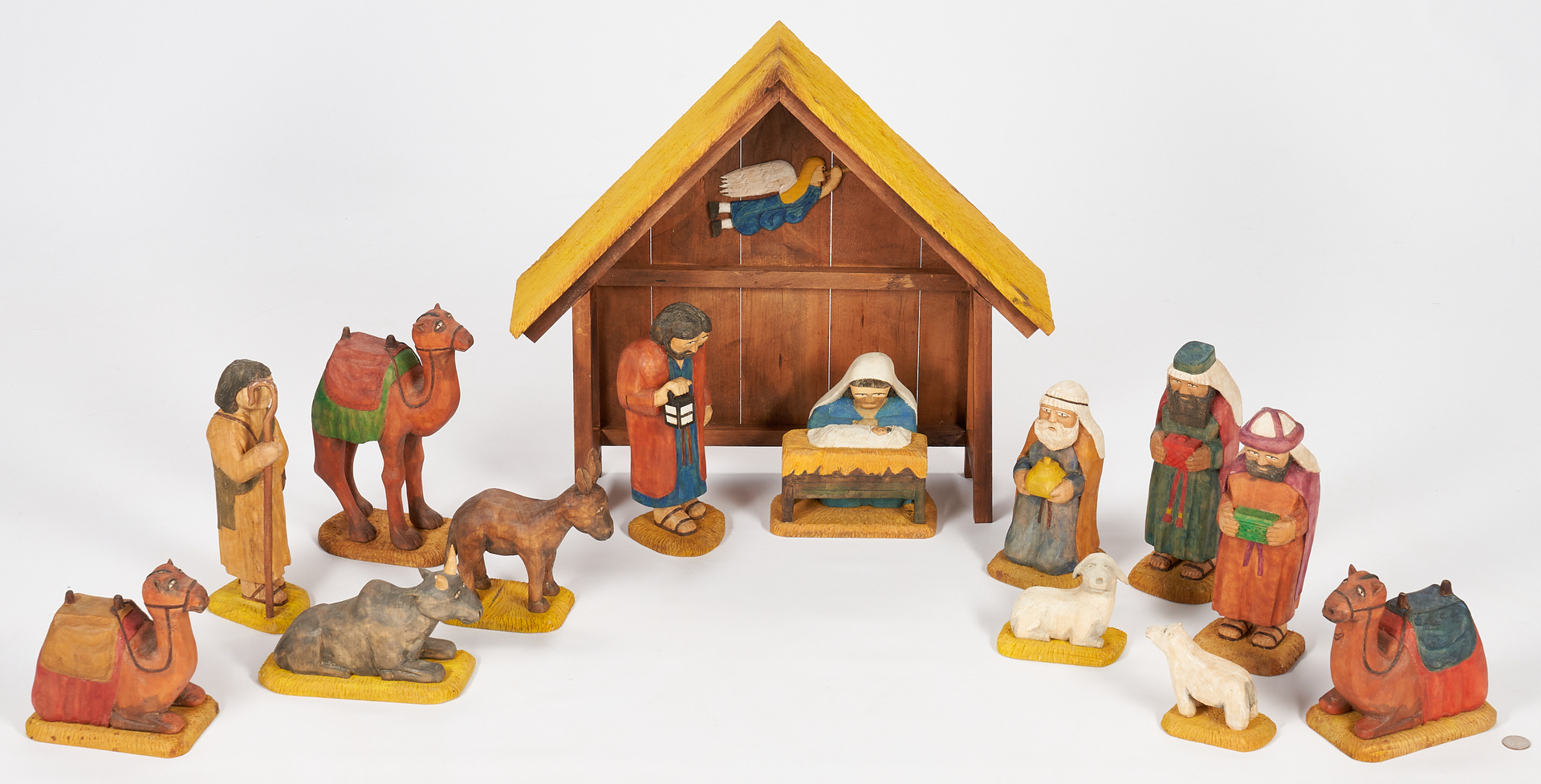 Lot 216: Roy Pace Carved & Painted Nativity Set, 14 Pcs.