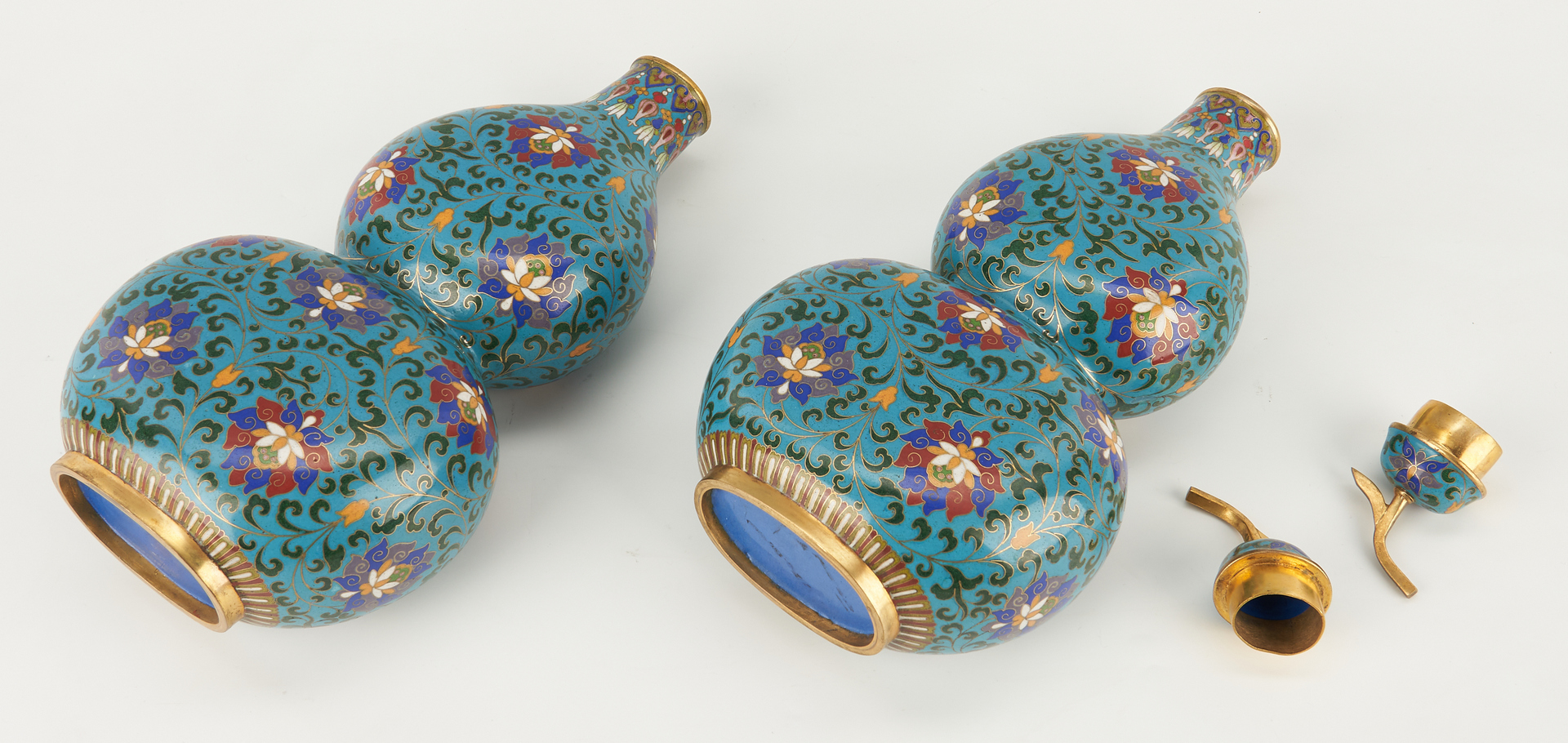 Lot 21: 3 Chinese Cloisonne Items, Covered Gourd Box & Pr. Double Gourd Vases