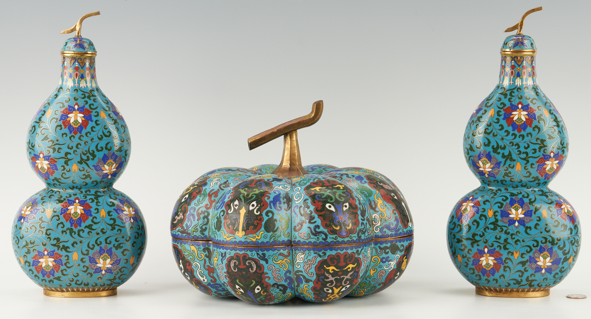 Lot 21: 3 Chinese Cloisonne Items, Covered Gourd Box & Pr. Double Gourd Vases
