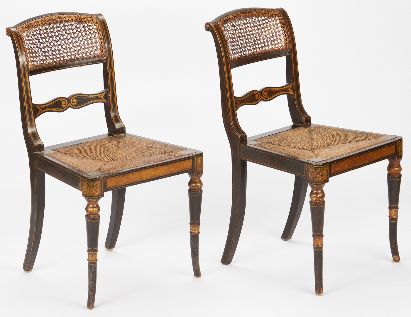 Lot 235: Set of 12 English Regency Paint Decorated Chairs