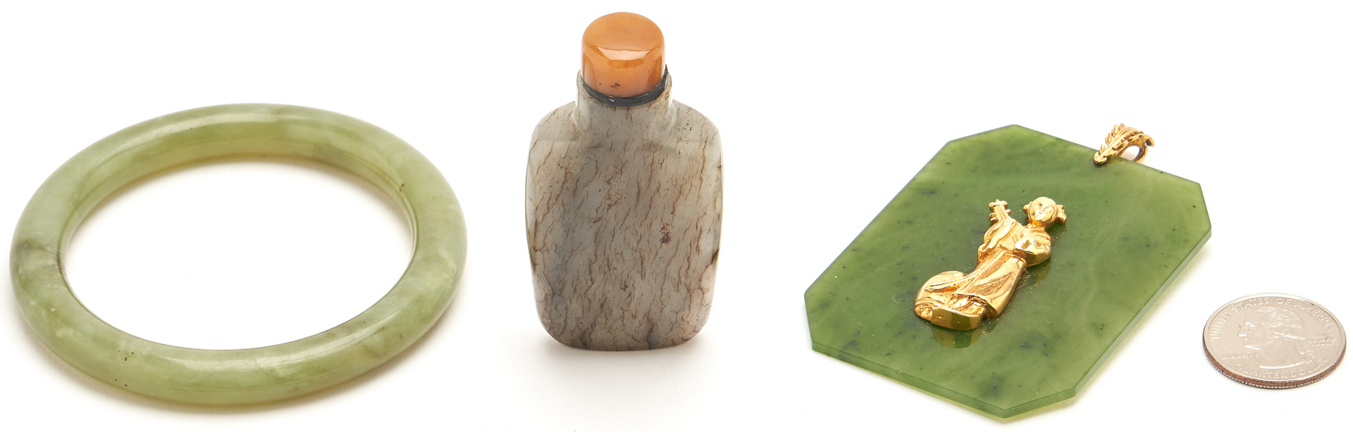 Lot 23: 3 Chinese Jade Items, Pendant, Bangle & Snuff Bottle
