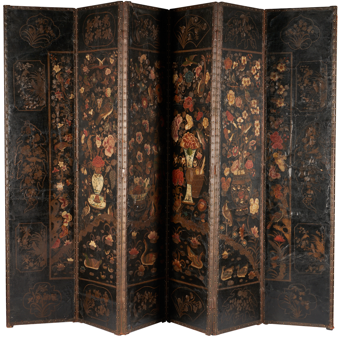 Lot 240: Continental Chinoiserie Painted Leather Screen or Room Divider