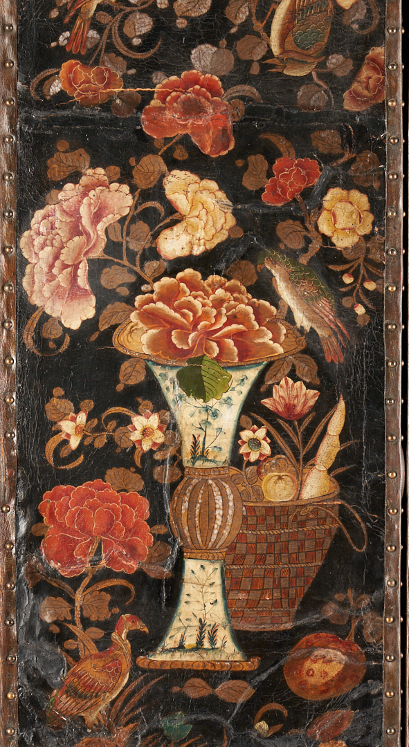 Lot 240: Continental Chinoiserie Painted Leather Screen or Room Divider