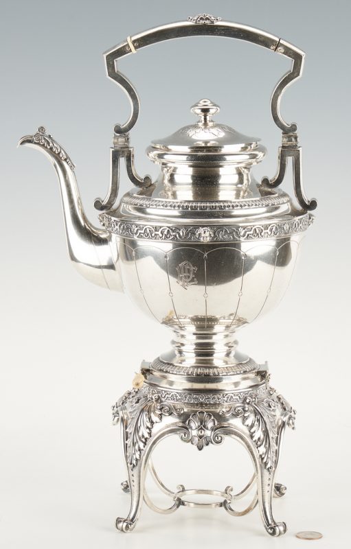 Lot 286: Continental Neoclassical Silver Hot Water Kettle on Stand
