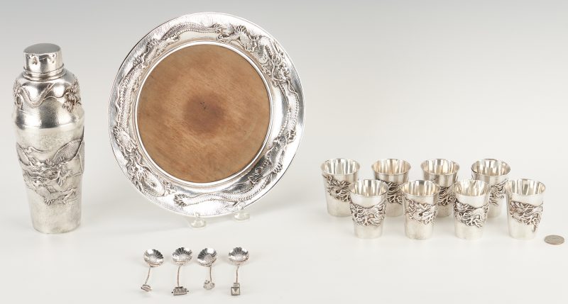 Lot 2: Asian Export Silver Cocktail Set, incl. Shaker, Beakers, Tray & Stirrers