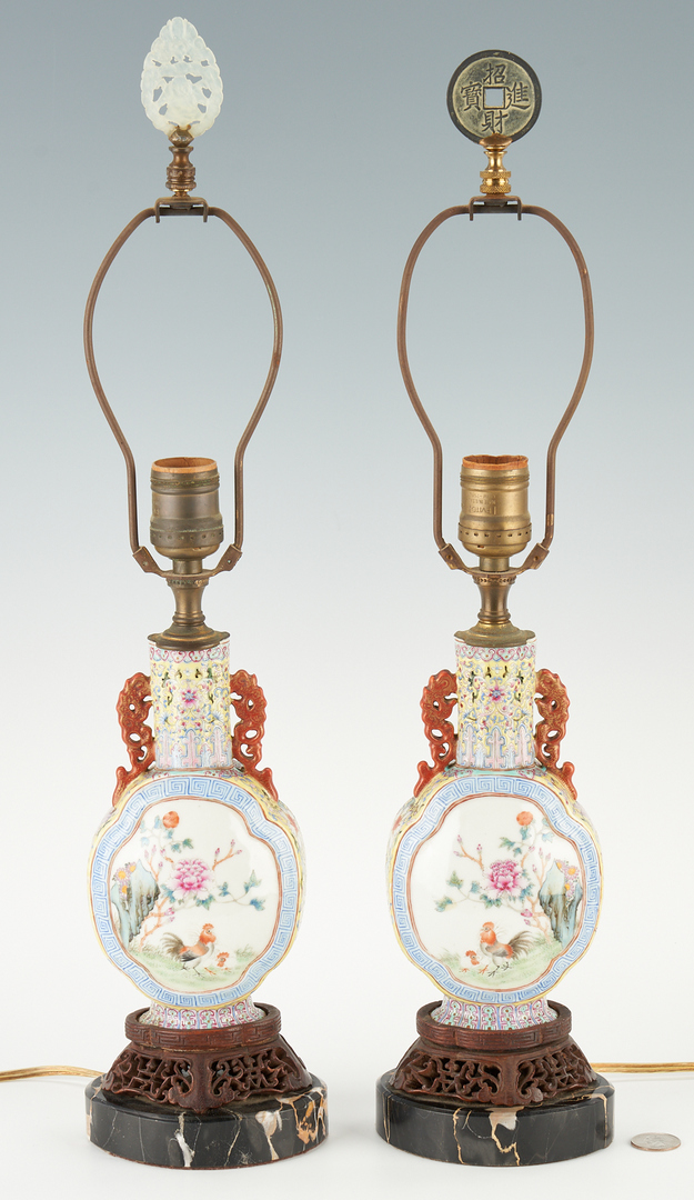 Lot 31: Pair Qing Rooster Quatrefoil Moon Flask Vases, made into lamps