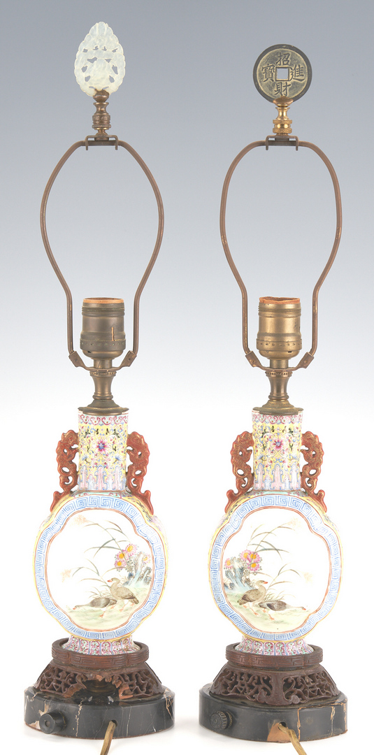 Lot 31: Pair Qing Rooster Quatrefoil Moon Flask Vases, made into lamps