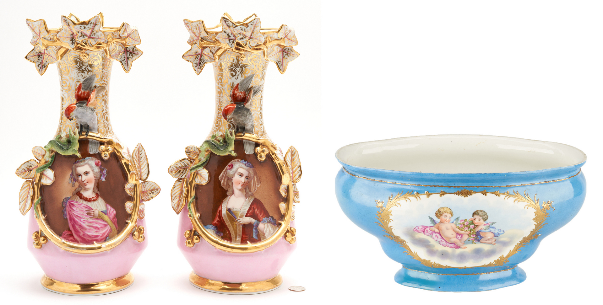 Lot 328: 3 Porcelain Items, Portrait Vases and Center Bowl