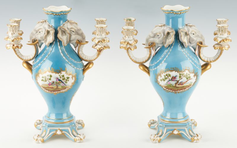 Lot 333: Pr. Sevres Style Candelabra Vases a Tete de Elephant