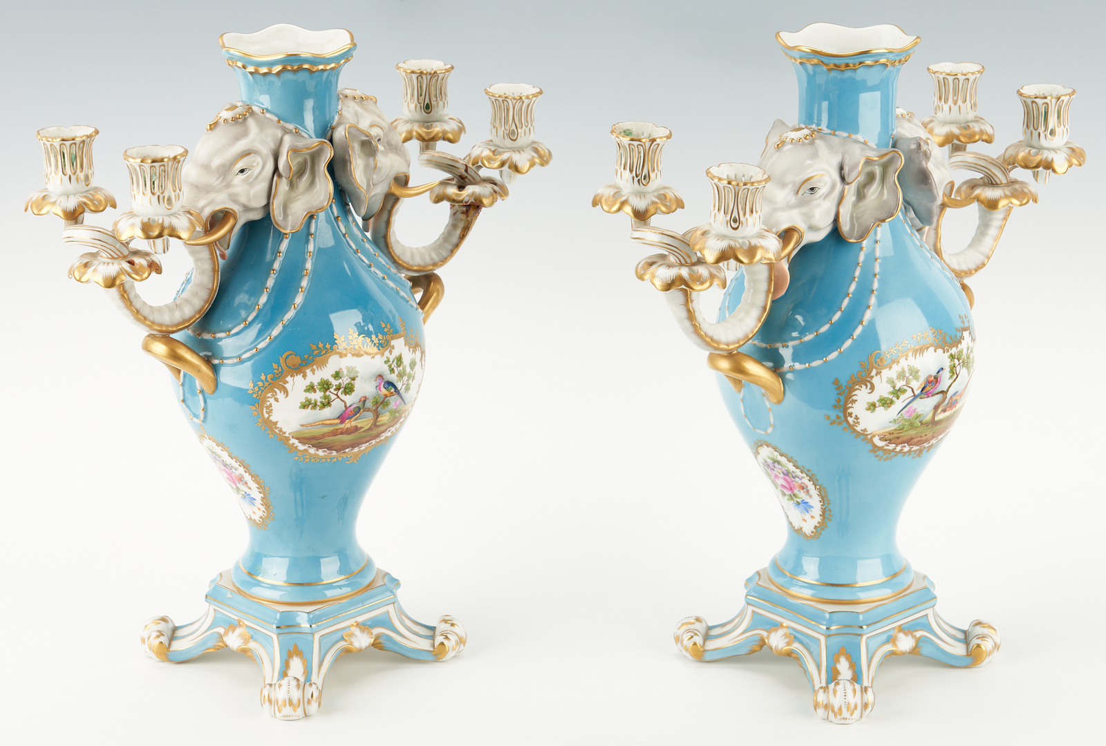 Lot 333: Pr. Sevres Style Candelabra Vases a Tete de Elephant