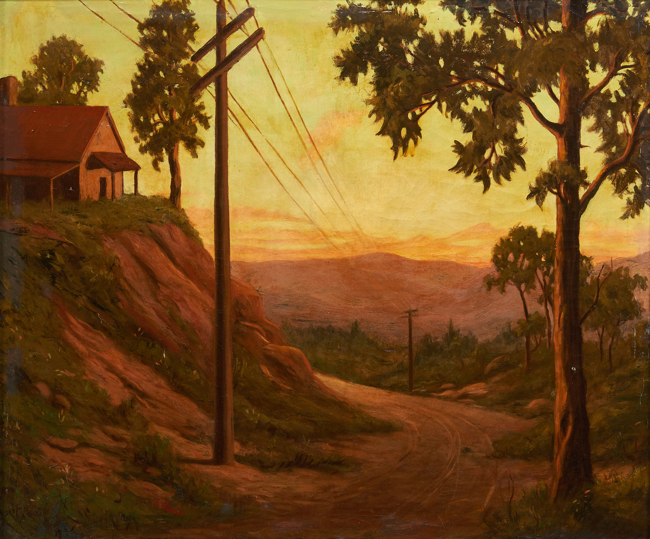 Lot 362: Margit Varga O/C Landscape Painting, Telephone Poles in NC