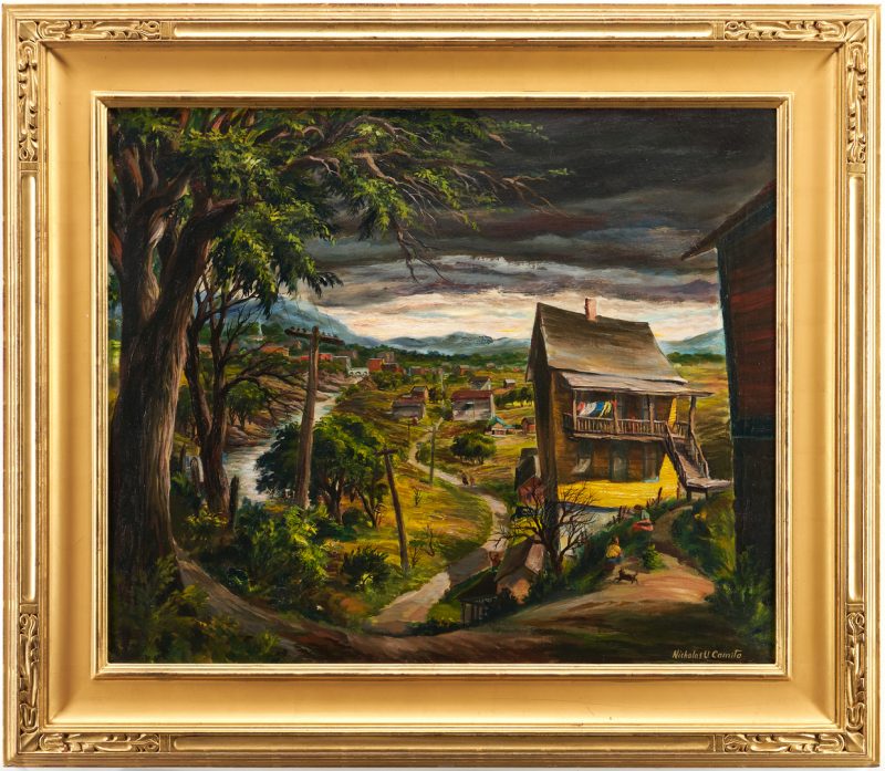 Lot 363: Nicholas Comito O/C Exhibited Landscape, House on Hill