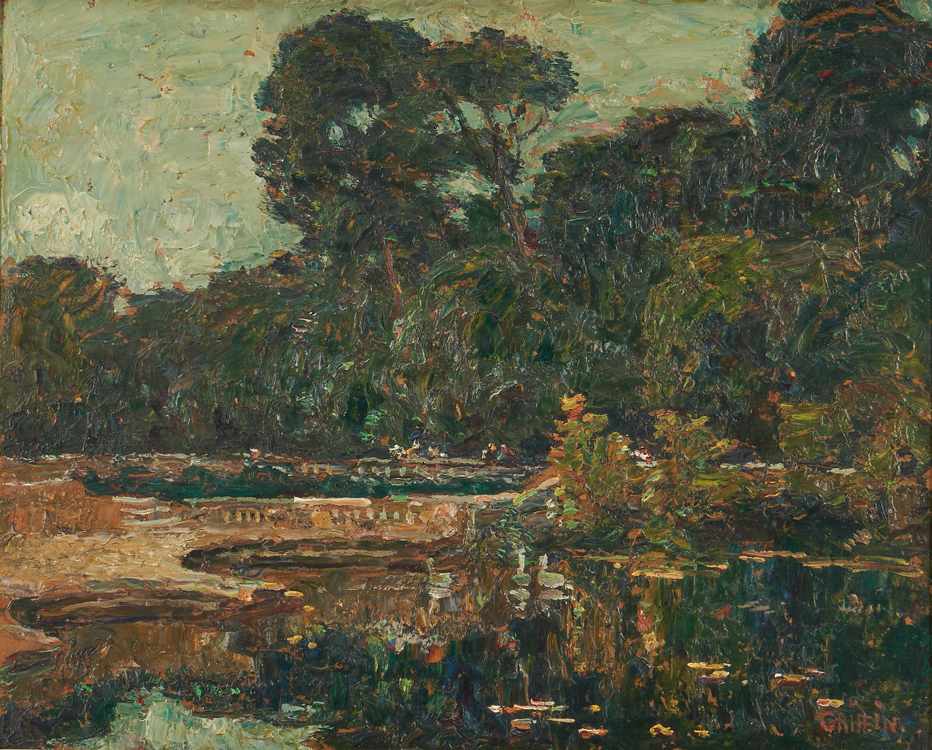 Lot 371: Walter Griffin O/B Landscape Painting, Public Gardens at Nimes