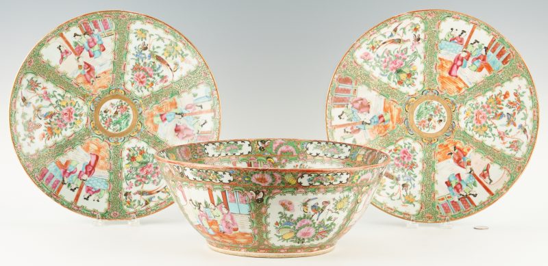 Lot 39: Chinese Export Rose Medallion Punch Bowl, Chargers, 3 items