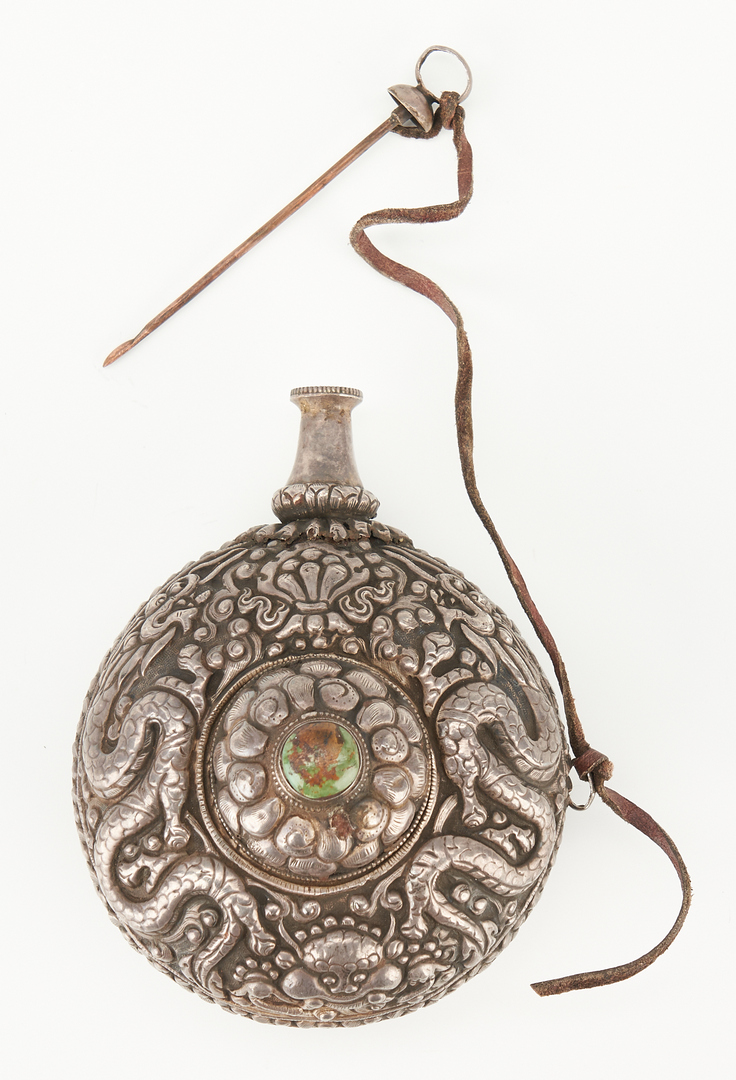 Lot 404: 4 Asian Decorative Items, incl. Tibetan Silver Flask