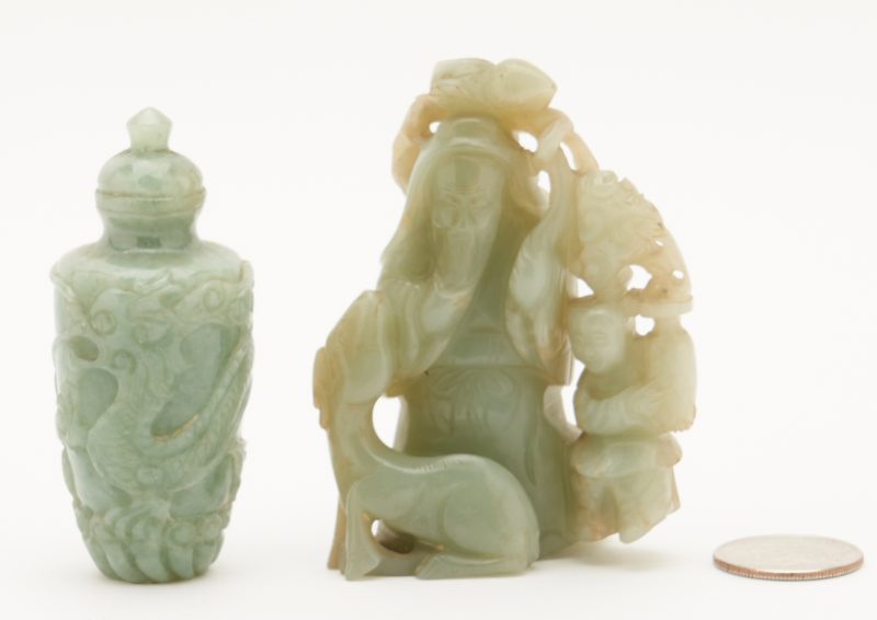 Lot 405: 2 Chinese Celadon Jade Items, Immortal & Snuff Bottle
