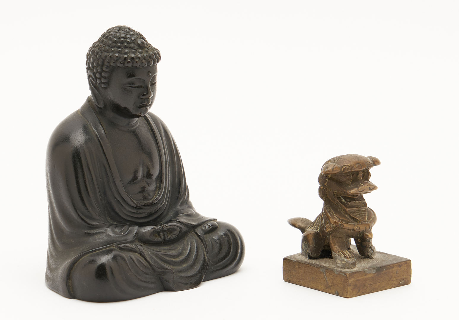 Lot 414: 3 Chinese Decorative Items, Bronze Buddha, Fu Dog Seal, & Enameled Box